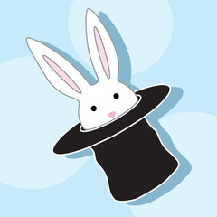 Cartoon cute bunny, rabbit peeking out of hat for kids and children. Hand drawn vector illustration on blue background. Circus collection. Design element. Template for design, books, stickers, cards.