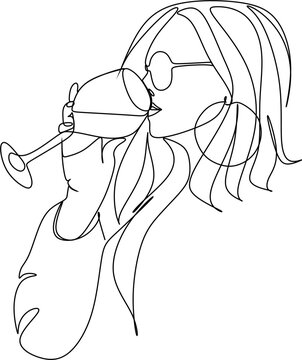 recommend clip art: Girl drinks wine or champagne from a glass. Linear silhouette of a woman with a glass goblet. Drawing in one continuous line. Linear glamour logo in minimal for wine label.
