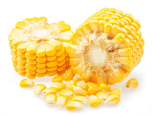 Pieces of maize cob or corn cob and corn seeds isolated on white background.