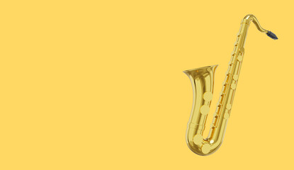 Obraz na płótnie Canvas Saxophone gold metal, musical instrument, from side. 3d rendering. Icon on yellow background, space for text.