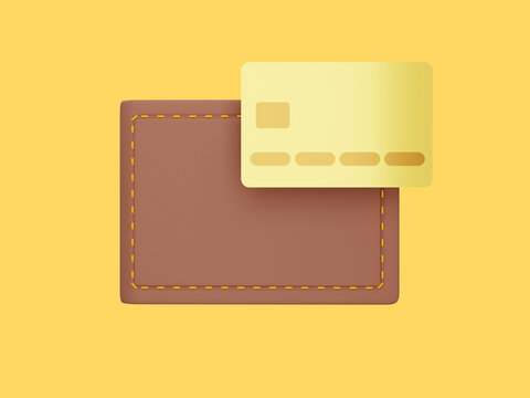 Closed wallet with credit card on yellow background. Payment concept. Savings, enrichment icon. 3d rendering.