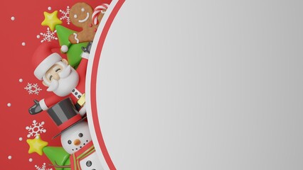 Christmas background with santa claus, christmas tree, gingerbread, and snowman. 3d rendering