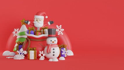 Christmas background with santa claus, christmas tree, gift, christmas balls, and snowman. 3d rendering