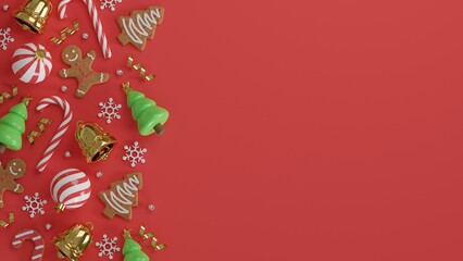 Christmas background with bell. christmas candy, gingerbread, and christmas ball. 3d rendering