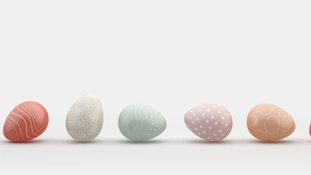 Seamless looping animation of multicolour Easte. Happy Easter. A row of eggs rolling in one direction. Concept of traditional spring celebration. Symbol of new life.