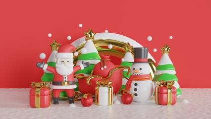 Christmas background with santa claus, christmas tree, gift, christmas balls, and snowman. 3d rendering