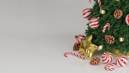 Christmas background with christmas tree, star, pine cone and christmas balls. 3d rendering