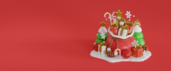 Christmas background with santa's bag, gift, candy, christmas tree, pine cone and christmas balls. 3d rendering