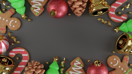 Christmas background with christmas balls, christmas tree, bells and gingerbread . 3d rendering