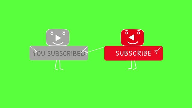 Subscribe animation for youtube channel: like, subscribe, bell. Cartoon. On green background (chromakey)