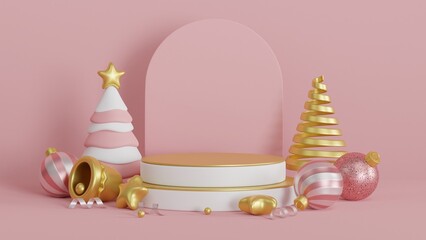 Christmas background with podium,  christmas tree, bell, stars and christmas balls. 3d rendering