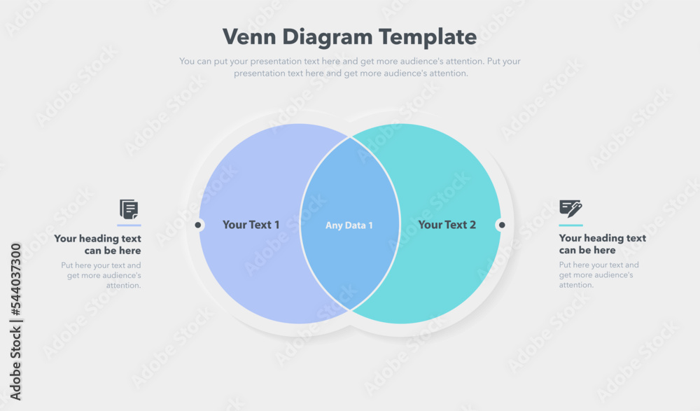 Poster Venn diagram template with two ways and place for your content. Slide for business presentation.