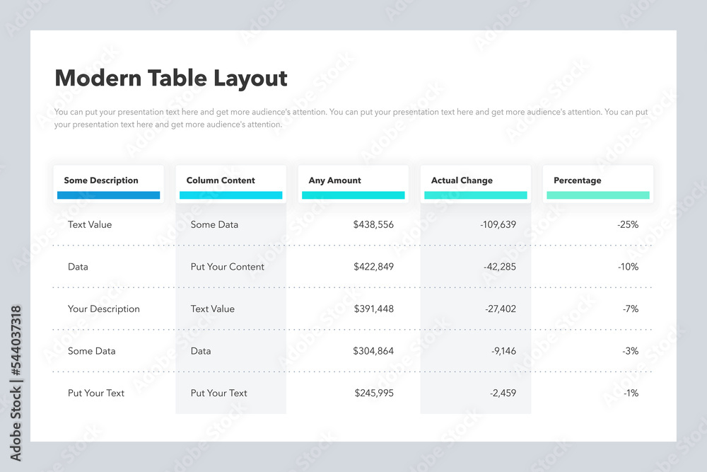 Poster Modern table layout template with five colorful columns. Simple flat template for data visualization.