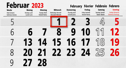 Deutscher Kalender 1. Februar 2023 rot schwarz