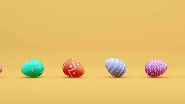 Seamless looping animation of multicolour Easte. Happy Easter. A row of eggs rolling in one direction. Concept of traditional spring celebration. Symbol of new life.