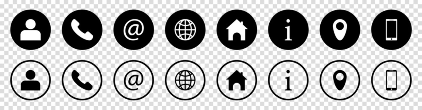 Business card contact information icons. Contact us icon set. Design for web and mobile app. Vector illustration isolated on transparent background