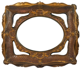 Close-up of an empty old vintage picture frame (gold and bronze color) isolated on white or transparent background. Rectangle and ellipse shape, png.