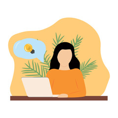 The girl sits at a laptop and thinks about an idea. Idea creation concept, innovative thinking, creativity