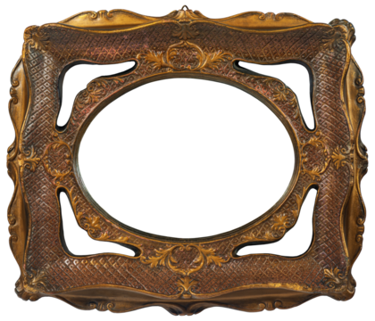 Close-up of an empty old vintage picture frame (gold and bronze color) isolated on white or transparent background. Rectangle and ellipse shape, png.