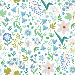 Delicate seamless pattern with white and blue flowers, green leaves, bird cherry berries isolated on a white background. Spring print for fabric in vector.