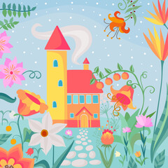 Cute card with fairytale landscape. Small fairy house with tower in the garden with big colorful flowers