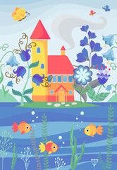 Fairytale landscape with small house among big flowers on the bank of river with seaweed and fish