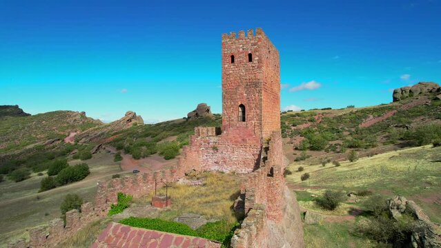 Aerial view above the ruins of the Castillo de Zafra in Aragon Spain	