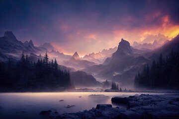 Breathtaking nature mountain landscape, 3d illustration