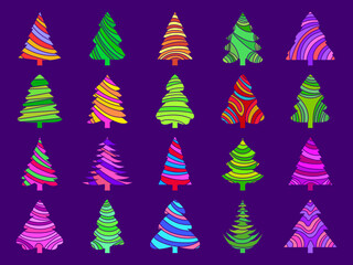 Obraz premium Christmas trees icons set. Multi-colored Christmas trees with a pattern. Pine and spruce trees in a bright modern style. Tree design for banners, posters and greeting cards. Vector illustration