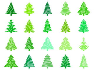 Set of Christmas trees icons. Green contours of Christmas trees with a striped pattern. Pines and firs in modern style. Tree design for banners, posters and greeting cards. Vector illustration