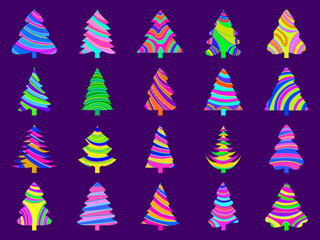 Obraz premium Caramel candy Christmas tree icons set. Multi-colored Christmas trees in the style of Christmas sweets. Design for banners, posters and greeting cards. Vector illustration
