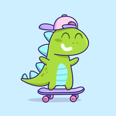 Cute dinosaur on skateboard - funny hand drawn doodle. Cute cartoon monster. Dinosaur boy  for print design.  Gragon or dinosaur ride on skateboard hand drawn art for kids design. Isolated vector