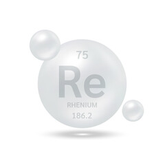 Rhenium molecule models silver and chemical formulas scientific element. Natural gas. Ecology and biochemistry concept. Isolated spheres on white background. 3D Vector Illustration.