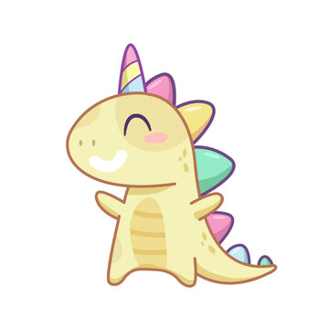 Dinocorn or dinosaur unicorn - funny hand drawn doodle. Cute cartoon monster. Dinosaur boy unicorn for print design. Rainbow Gragon Unicorn or dinosaur hand drawn art for kids design. Isolated vector