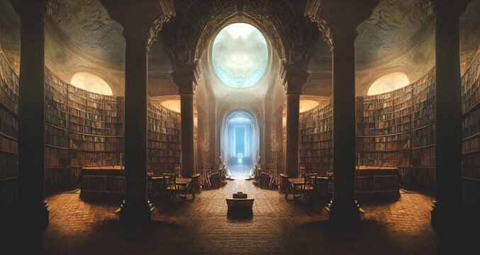 The ancient majestic hall of the library. Beautiful ceremonial hall with columns and arched ceilings, interior lighting, exquisite vintage decor.