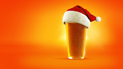 Christmas vibes. Full glass of frothy light lager beer wearing Santa Claus hat isolated over...