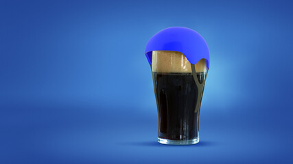 Big glass of frothy dark beer wearing blue cap isolated over blue neon background. Concept of...