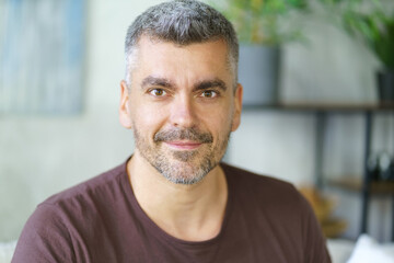 Portrait of handsome grey haired middle aged man in casual sitting on the sofa, couch at home interior. Happy attractive mature man at home. Freelancer man working from home sitting on the couch