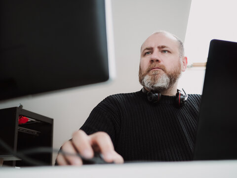 Adult Person Remote Working On Laptop And Using Two Monitors From Home