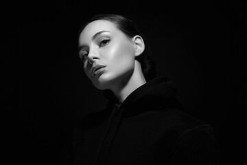black and white portrait of beautiful young woman.