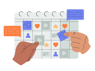 Content plan concept, internet marketing. Planning and promotion publication in networks and websites. Hand drawn colored vector illustration isolated on white background, modern flat cartoon style