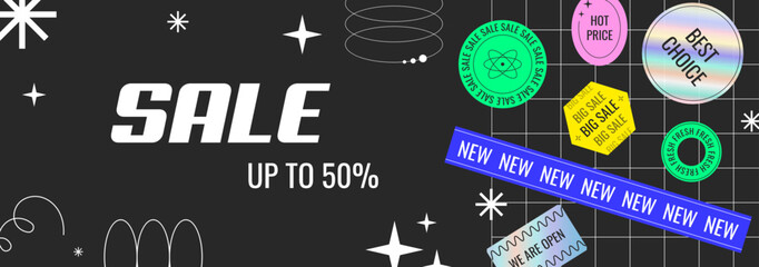 Web sale background taplate with trendy abstract sticker decoration. Modern y2k art banner for online promorion, store discount or social media post. Cover for black friday or cyber monday