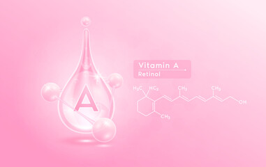 Serum skincare transparent water drops vitamin A pink and structure. Moisturizer collagen with molecule glittering and bubbles hyaluronic acid. For ad for beauty cosmetics. Realistic 3d vector.