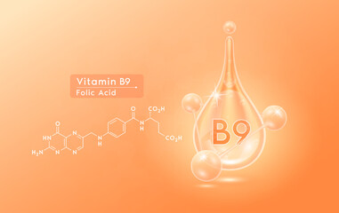 Serum skincare transparent water drops vitamin B9 orange and structure. Moisturizer collagen with molecule glittering and bubbles hyaluronic acid. For ad for beauty cosmetics. Realistic 3d vector.