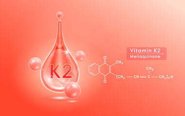 Serum skincare transparent water drops vitamin K2 red and structure. Moisturizer collagen with molecule glittering and bubbles hyaluronic acid. For ad for beauty cosmetics. Realistic 3d vector.