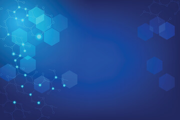 Technology Blue Background with hexagon structure connected by wire and dot. Deep data algorithm with future Concept.