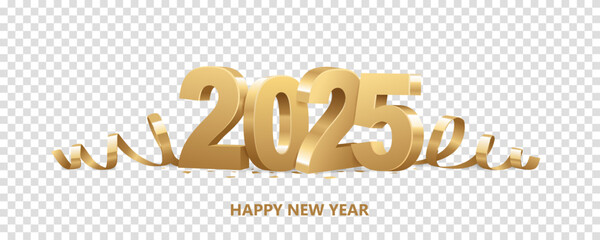 Happy New Year 2025. Golden 3D numbers with ribbons and confetti , isolated on transparent background.