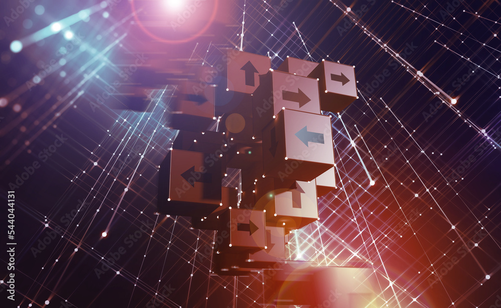 Aufkleber Cyberspace of high-tech cubes. Blockchain technology and big data logistics. 3D illustration of an array of digital internet solutions