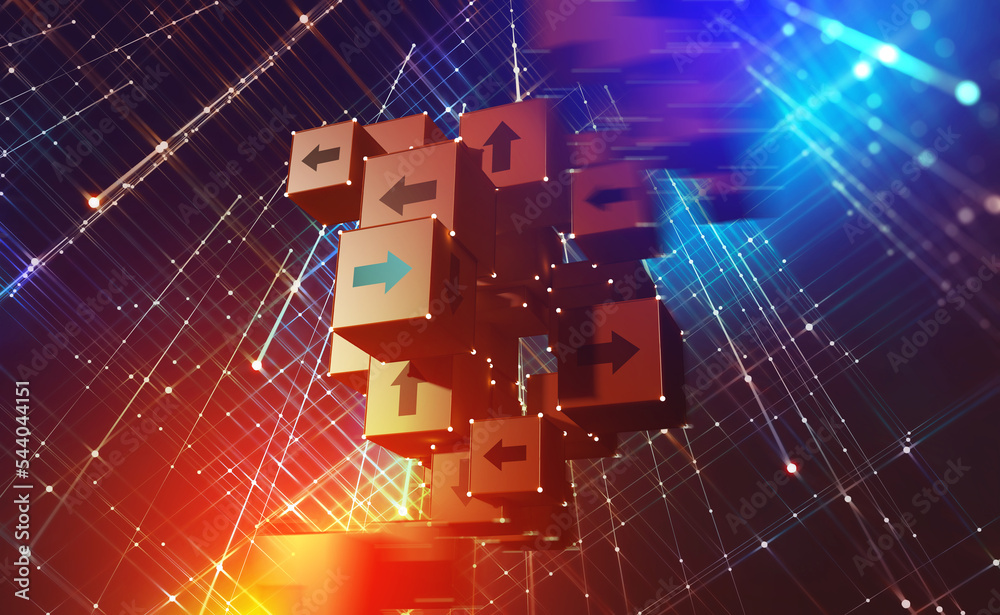 Aufkleber Cyberspace of high-tech cubes. Blockchain technology and big data logistics. 3D illustration of an array of digital internet solutions