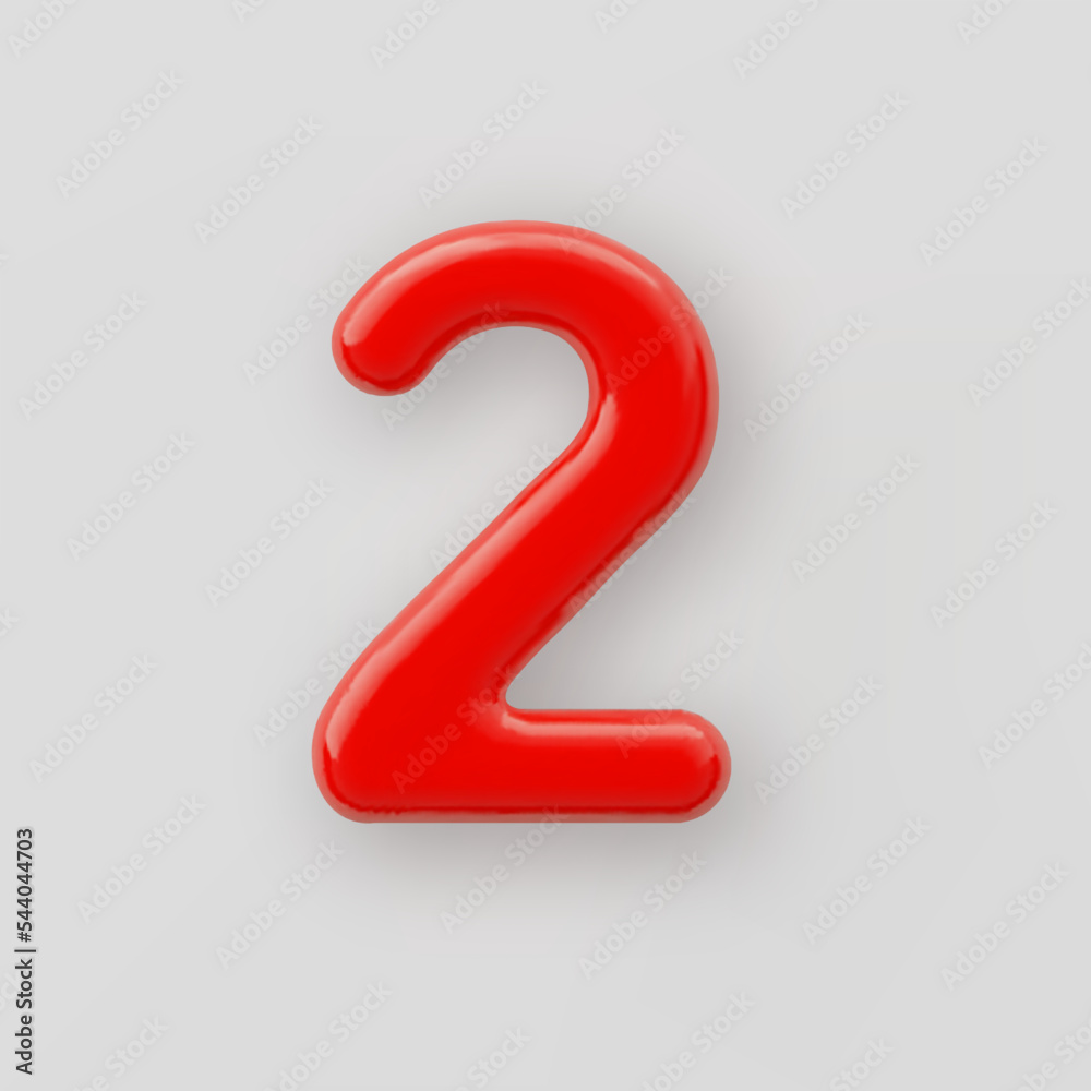 Fototapete 3d red plastic number 2 with a glossy surface on a gray background.